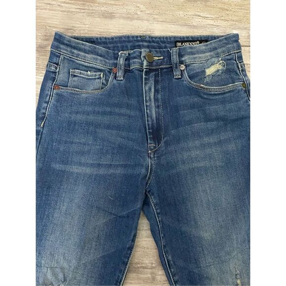 Blank NYC Straight Leg Jeans Distressed Fishnet Patches Women’s Sz 27 Waist - Picture 3 of 8